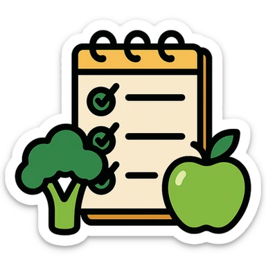 Vector-style illustration of a healthy diet checklist: an open notepad with checkmarks, placed beside fresh broccoli and a green apple. Clean, crisp lines, modern flat design with realistic soft shadows and highlights. High contrast, vibrant colors, minimalistic background. Professional, polished style, ideal for health or nutrition app or article illustration. sticker