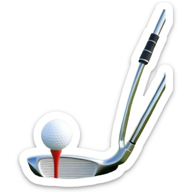 A close-up golf ball on a tee, with a golf club placed beside it, set on a well-manicured green. The background is a peaceful golf course with a clear blue sky, emphasizing the tranquility and skill required for the sport. sticker
