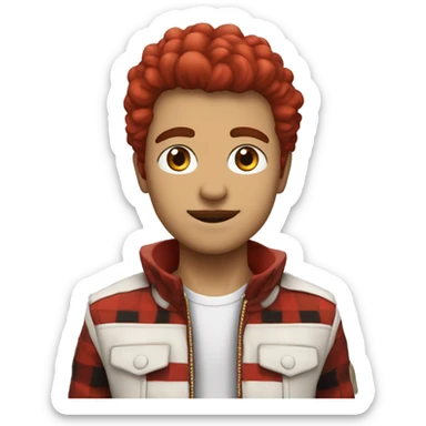 chico blanco con chaqueta roja con cuadros negros y el pelo castaño sticker
