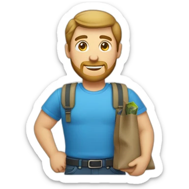 caucasian male with small beard blue shirt and with bag of money sticker