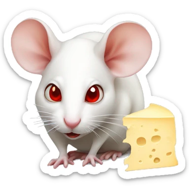 White rat with red eyes eating cheese sticker