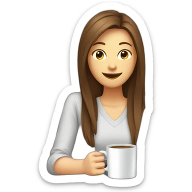 smiling woman with middle brown straight long hair and pale skin eyes closed behind a laptop and behind a large coffee mug. sticker