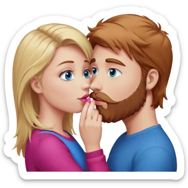 long blonde hair blue eyed girl pink facing a reddish brownish hair and scruffy beard, blue eyed, white male whose holding her face kissing  sticker