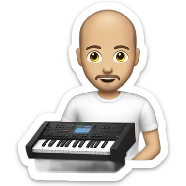 A white man with  buzz cut ,beard and mustache playing a ROLAND KEYBOARD sticker