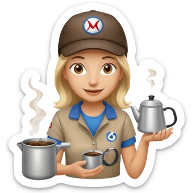 A cheerful female camper brewing coffee in a small metal pot sitting sticker