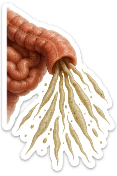 Realistic medical image of microscopic parasites leaving the intestines after taking natural kinesiological drops, symbolizing detox and cleansing. sticker