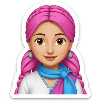 generate a pretty bratz emoji that looks like Kareena Kapoor's Geet character. 
Make her wear a white shirt with a colorful blue-pink dupatta wrapped around her neck. smiling big. hair tied into a side part ponytail

She should look like Kareena Kapoor sticker