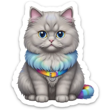 gray Persian cat full body sitting with blue eyes and rainbow belt sticker