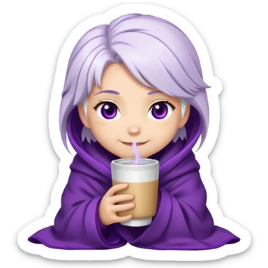 Chibi Sable Ward wrapped in a blanket, holding a warm drink, cozy expression, white hair with purple streaks, fully purple eyes, content smile sticker