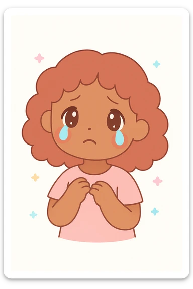 menina parda, cabelo cacheado avermelhado até os ombros, chorando, estilo anime emotivo sticker