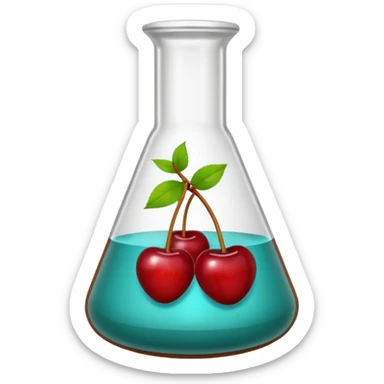 A science beaker filled with teal chemical, cherries, and wood chips sticker