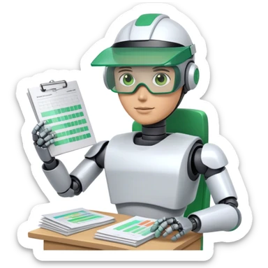 human like robot bookkeeper wearing  accountant Green eyeshade visor  and holding spreadsheets sticker