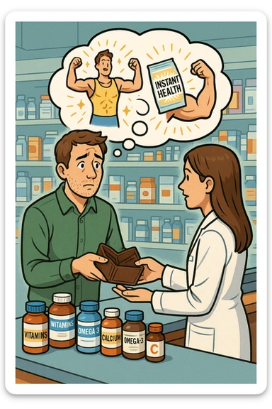 a man stands at a pharmacy counter, handing over a nearly empty wallet to the cashier while the counter is filled with bottles of supplements and vitamins. His expression is hopeful but slightly anxious. In the background, a thought bubble shows exaggerated images of instant health and fitness, symbolizing unrealistic expectations.  sticker
