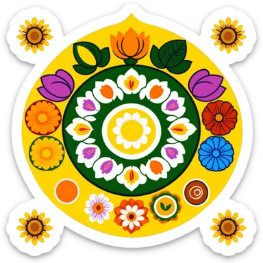 Onam celebration with pookalam flower rangoli and traditional malayali sadhya meal sticker