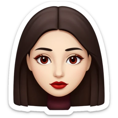 A woman emoji with fair skin, long straight dark brown hair parted in the middle, an oval-shaped face, arched dark eyebrows, almond-shaped brown eyes, a small nose, and full lips colored with deep red lipstick. sticker