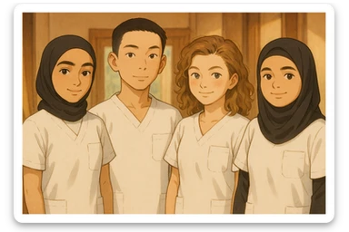 Four nursing students standing side by side in a warm indoor ambiance, wearing white short-sleeved uniform tops without collars or undershirts, forearms bare, no stethoscopes. The tops are medical tunics with V-necks and a chest pocket on the left side, in Ghibli style. sticker