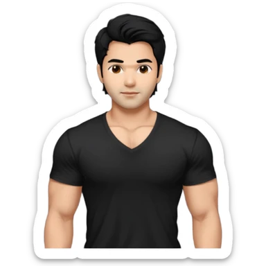 generate a pretty bratz Varun Dhawan with 
Make him wear a black v neck tshirt. muscular but still lean
He shoudl look exactly like VArun DHawan.  messy black hair sticker