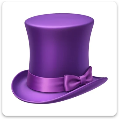 3D emoji of a whimsical purple top hat with a wide brim, shiny and smooth, with a bright satin ribbon, inspired by Willy Wonka, cartoon Apple style, soft shadows, white background. sticker