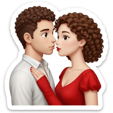 A couple kissing, the man would be white-skinned, mid fade-curly, brown-hair. The serious woman with white skin, brown color sticker