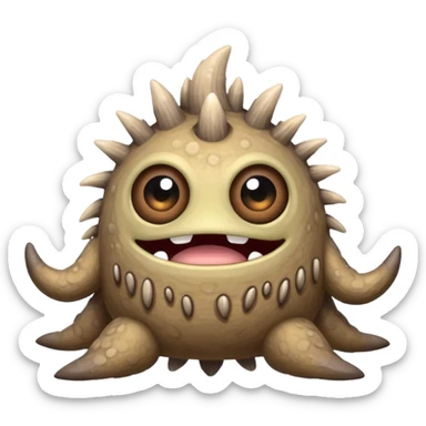 My Singing Monsters Dust element monster, sandy cracked body, muted brown-gray colors, drifting dust particles, cute cartoon style sticker