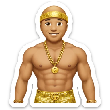 LL Cool J with yellow sequin baggy pants, shirtless with necklace sticker