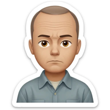 Carl from Sling Blade, serious expression, recognizable features, chin sticking out, slouching posture, no glasses, shirt with collar,  side view,show his entire body, he is standing. three-quarter face angle. He sticks his head forward. not apple style emoji sticker