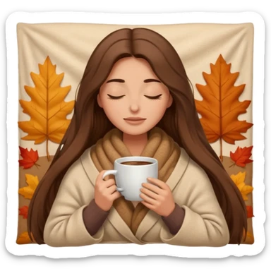 long brown hair woman closed eyes hiding under a cozy wool beige blanket, holding cup of coffee, autumn mood sticker