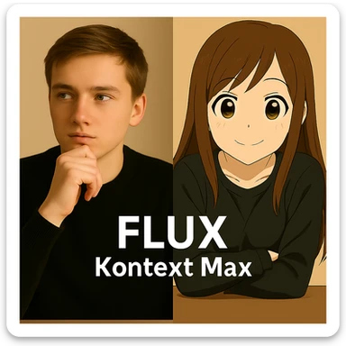 same similar image but chnage the text to "Flux Kontext Max", change people and pose too sticker