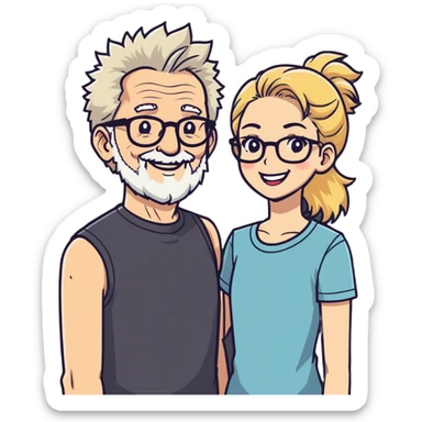 A couple in love, older man man had short spiky salt and pepper hair and a short stubbly beard and no glasses. The lady is younger, blonde long hair and curvy and wears glasses and makeup sticker