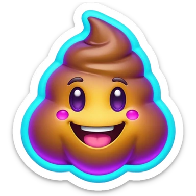 futuristic glowing poop emoji with funny smiling face, purple and cyan neon glow, dark background sticker