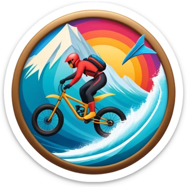 A bold, dynamic emblem combining elements of extreme sports like a mountain, a bike, surfing, ocean and a parachute, all within a circular or shield-like shape. The design conveys speed, adventure, with sharp lines and vibrant colors representing the thrill and intensity of extreme sports. sticker