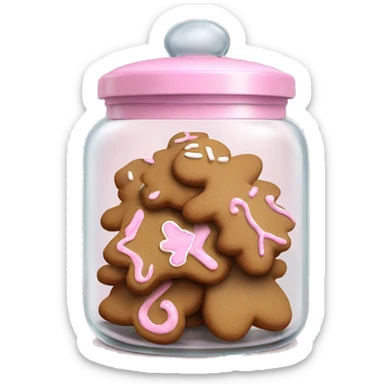 Realistic glass cookie jar with light pink lid full of gingerbread cookies isolated.  sticker