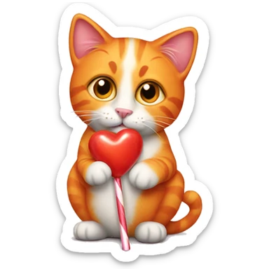 Realistic orange cat holding heart shaped lollipop  sticker