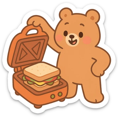 sandwich maker bear soft fluffy opening with cute sandwich inside, creamy brown pastel, full-body sticker