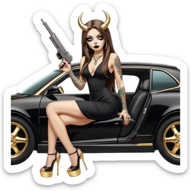 Sensual woman long brown straight haired sexy drug lord woman with tattoos on arm sleeves and black thick butt platform high heels on her feet, and devil black horns on her head, she is holding a skull head and a gun. Sitting on gold car full of cash , long black dress with sexy slit sticker