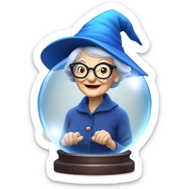 smart granny witch with glasses and blue hat in crystal ball sticker
