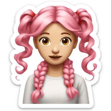 Girl with light pink hair and a ponytail supported by a red ribbon with long curly hair sides and pink eyes sticker