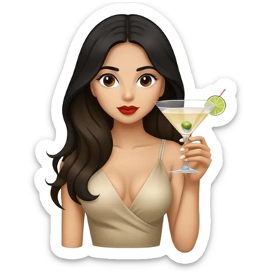 black haired female Hispanic looking drinking martini l be ong hair brown balayage  sticker