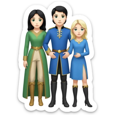 prince, standing upright, black Hair, blue eyes, garment,  woman, bending knee, White sleveless dress, blonde hair, green eyes, sticker