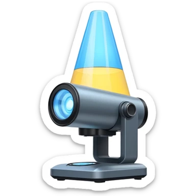 Flat emoji of a wrist-mounted hologram projector emitting a soft blue light cone, simple shapes, modern sci-fi style sticker