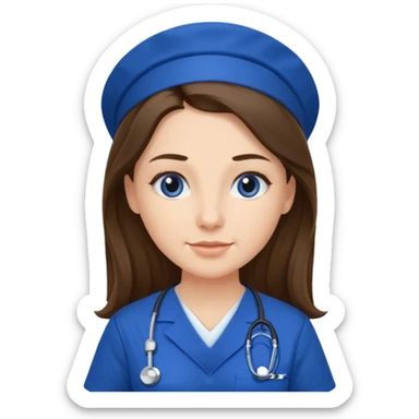 Nurse, woman, long brunette hair, royal blue scrubs sticker