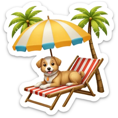 a dog laied on a beach chair, a sunny beach, a sun umbrella, and beach coconut trees. the icon should capture the essence of a relaxing beach vacation with a carefree atmosphere sticker