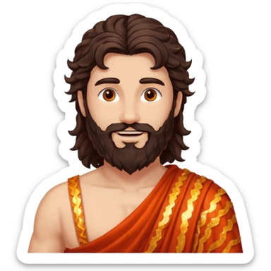 Vulcan, God of Fire from Roman Deities with long dark brown wavy hair and beard, red orange sequin toga  sticker