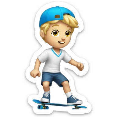 Blonde Boy in blue school shorts and white shirt sleeve shirt riding a skateboard sticker