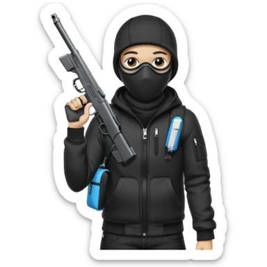 YN wearing a ski mask, holding a gun, all black fit, black jeans, Sprayground bookbag, confident stance sticker