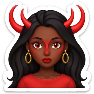 A skin red girl's face with cheekbones, long black hair, small red horns, big lips sticker