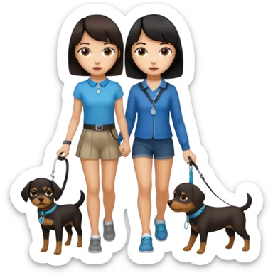 dark brown short haired girl walking a black haired girl with bangs on a dog leash sticker