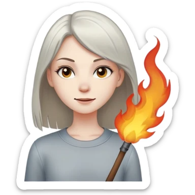 girl with a mischievous smirk standing in the foreground, while small flames or smoke rise in the background. The character has straight hair and a confident expression. sticker