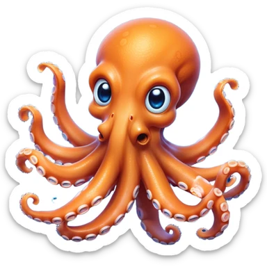 Cinematic Comical smirking Octopus Portrait Emoji, Head tilted dramatically with an exaggeratedly amused expression, featuring a rotund, light orange body festooned with bold blue rings and eight wildly expressive arms with comically animated suckers, Simplified yet hilariously expressive features, highly detailed, glowing with a slightly sassy underwater glow, high shine, dramatic yet playful, stylized with an air of quirky marine mischief, soft glowing outline, capturing the essence of a meme-worthy octopus that looks ready to squirt its way into viral fame! sticker