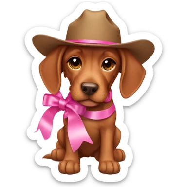 A female vizla puppy with a pink ribbon around her neck and cowboy boots on sticker
